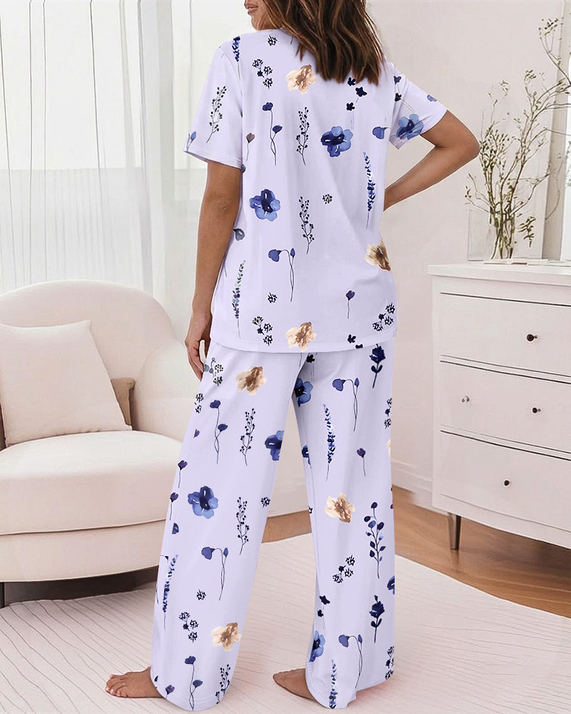 CHICME Womens Pajamas Sets 2 Piece Short Sleeve Lounge Set Printed Loose Pants Pj Sets Loungewear Set-r-M
