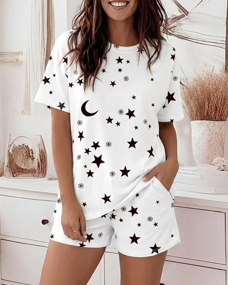 CHICME Pajamas Set for Women 2 Piece Pjs Lounge Set Soft Short Sleeve Tops and Sleep Shorts with Pocket