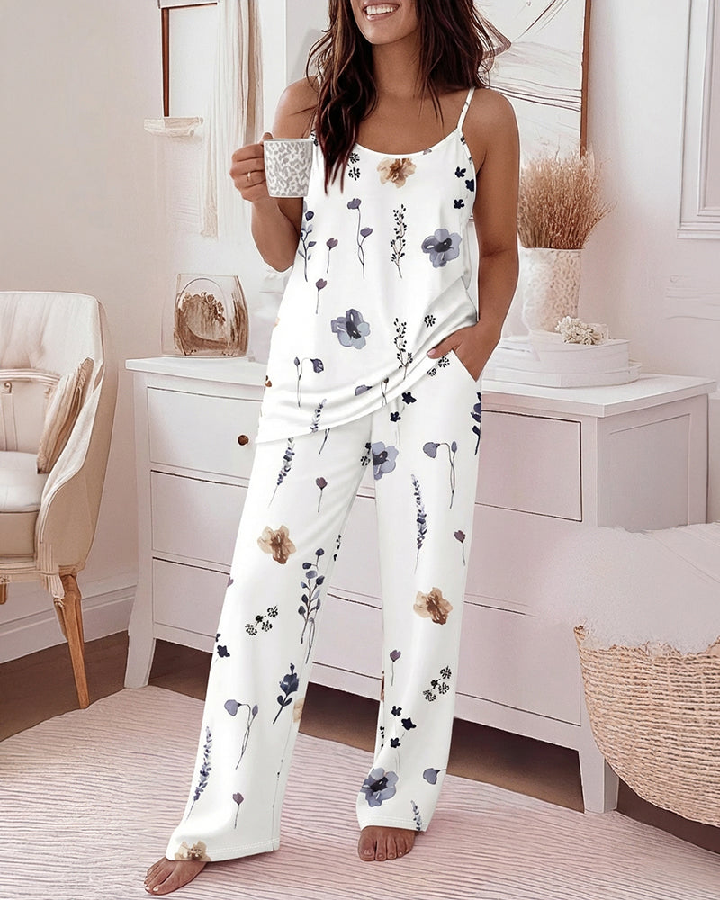 CHICME Womens Pajamas Set 2 Piece Adjustable Strap Tank Pj Set Loose Printed Pants Sleepwear Lounge Sets