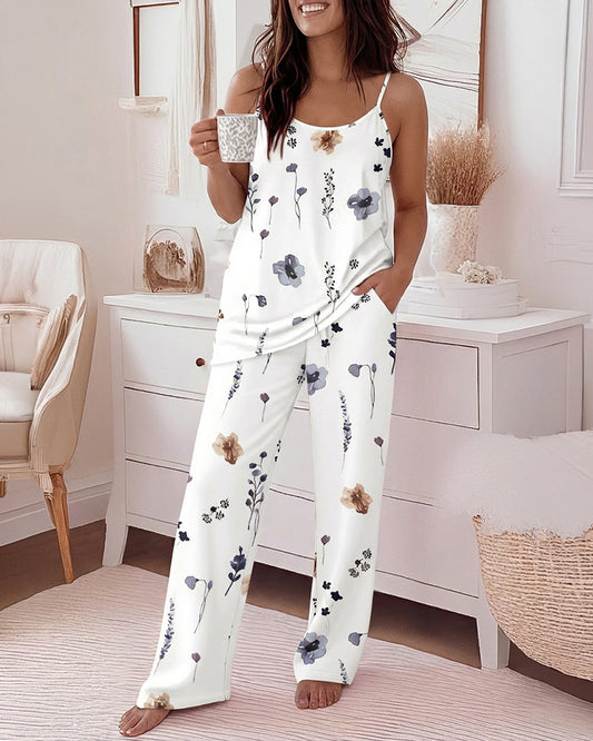 CHICME Womens Pajamas Set 2 Piece Adjustable Strap Tank Pj Set Loose Printed Pants Sleepwear Lounge Sets
