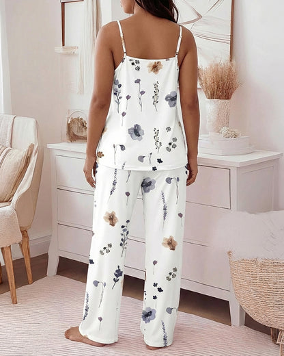 CHICME Womens Pajamas Set 2 Piece Adjustable Strap Tank Pj Set Loose Printed Pants Sleepwear Lounge Sets