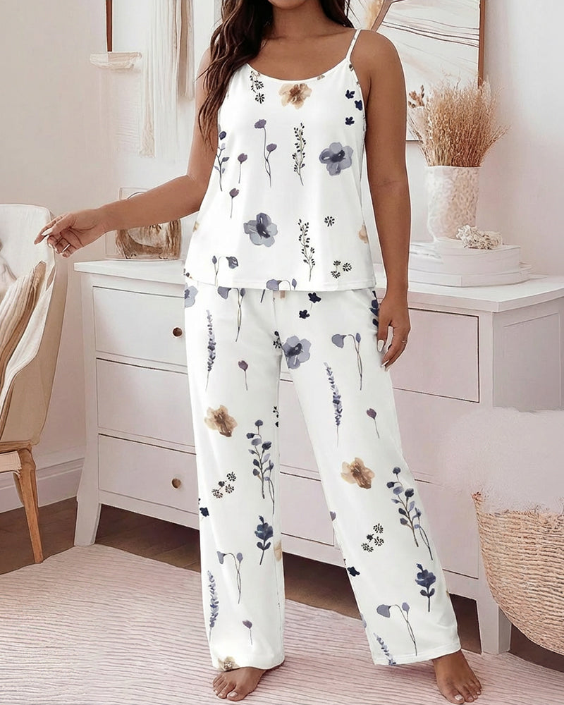 CHICME Womens Pajamas Set 2 Piece Adjustable Strap Tank Pj Set Loose Printed Pants Sleepwear Lounge Sets