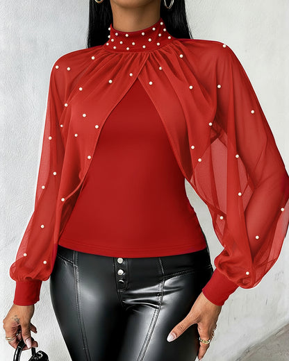 CHICME Womens Tops Dressy Casual Lantern Sleeve Chiffon Spliced Top