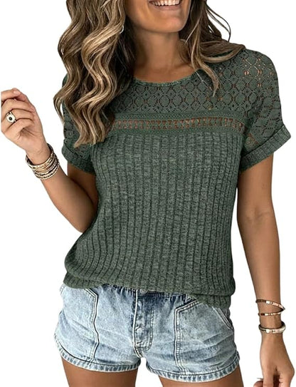 CHICME Women's Short Sleeve Top 2026 Summer Ribbed Knit Lace Spliced Rolled Cuff Casual T-Shirt