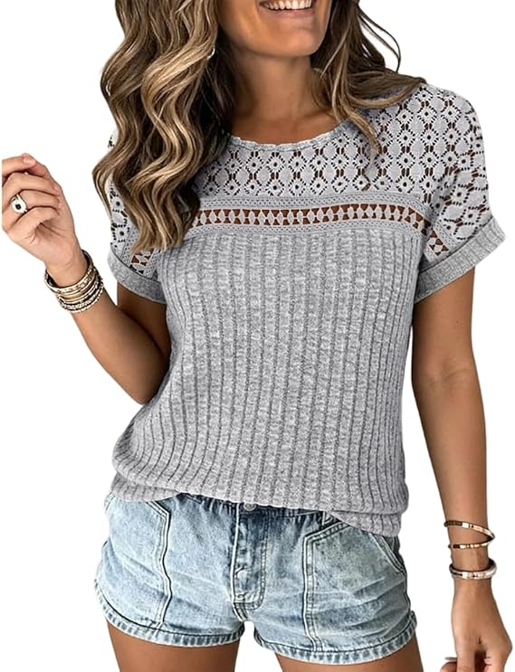 CHICME Women's Short Sleeve Top 2026 Summer Ribbed Knit Lace Spliced Rolled Cuff Casual T-Shirt