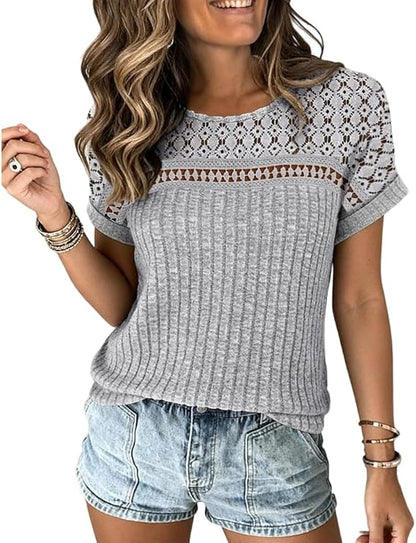 CHICME Women's Short Sleeve Top 2026 Summer Ribbed Knit Lace Spliced Rolled Cuff Casual T-Shirt