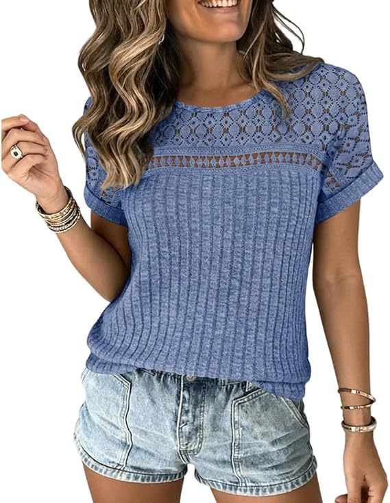 CHICME Women's Short Sleeve Top 2026 Summer Ribbed Knit Lace Spliced Rolled Cuff Casual T-Shirt