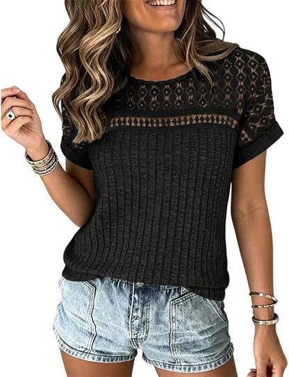 CHICME Women's Short Sleeve Top 2026 Summer Ribbed Knit Lace Spliced Rolled Cuff Casual T-Shirt
