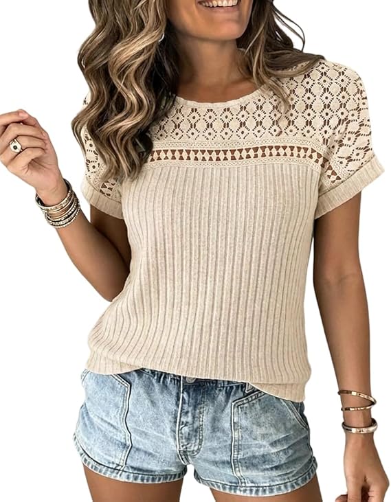 CHICME Women's Short Sleeve Top 2026 Summer Ribbed Knit Lace Spliced Rolled Cuff Casual T-Shirt