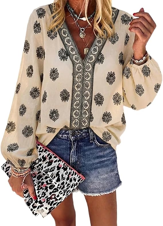 CHICME Women's Casual V Neck Blouse Floral Boho Summer Tops