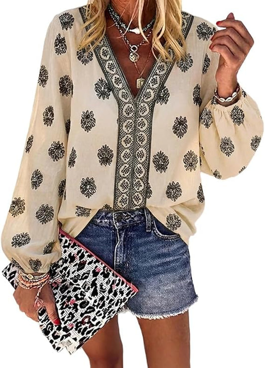 CHICME Women's Casual V Neck Blouse Floral Boho Summer Tops