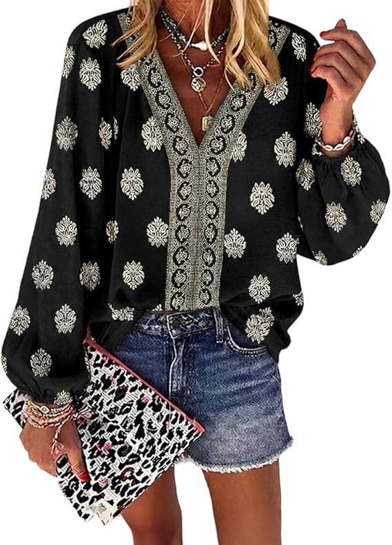 CHICME Women's Casual V Neck Blouse Floral Boho Summer Tops