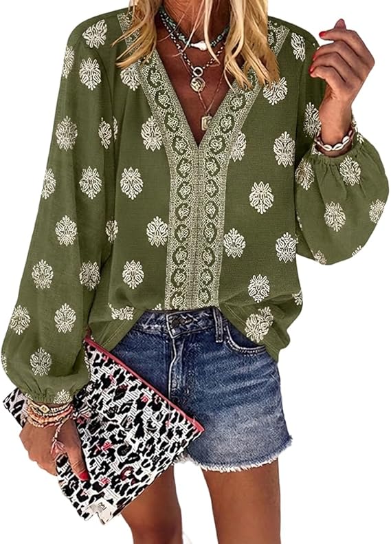 CHICME Women's Casual V Neck Blouse Floral Boho Summer Tops
