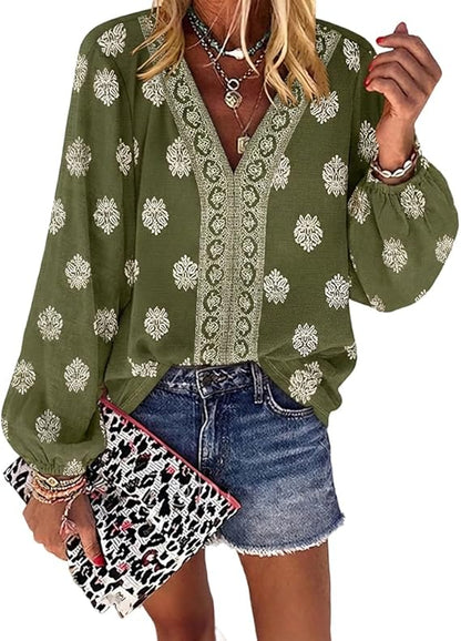 CHICME Women's Casual V Neck Blouse Floral Boho Summer Tops