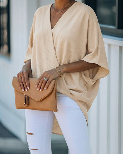 CHICME Women's Summer Tops Overlap V Neck Batwing Sleeve High-Low Hem Blouse