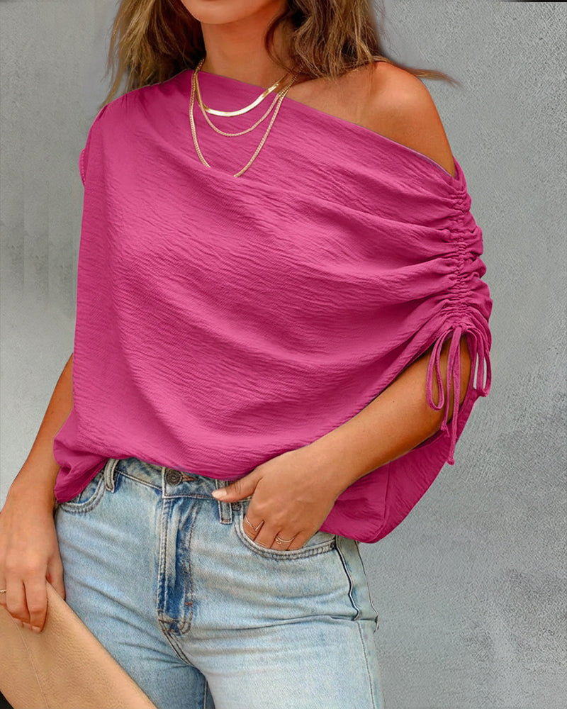 CHICME Off Shoulder Tops for Women Summer Skew Neck Blouse Adjustable Drawstring Sleeve Loose Fit Casual Top