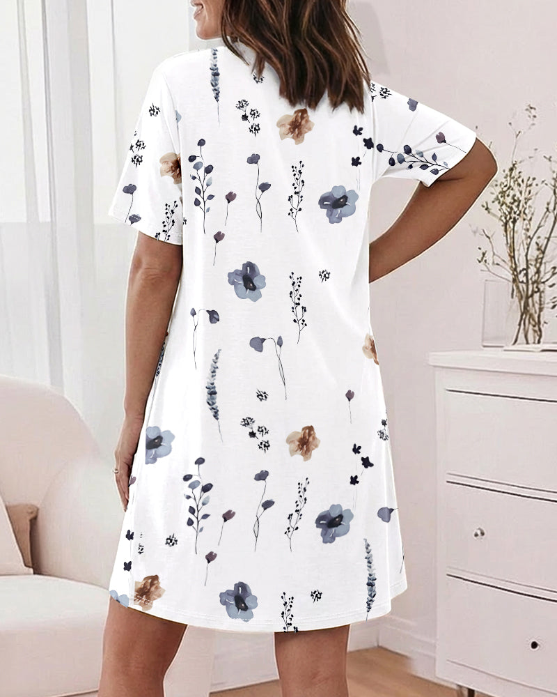 CHICME Nightgowns for Women Short Sleeve Sleep Shirts Casual Loose Printed Sleep Dress Soft Sleepwear with Pockets
