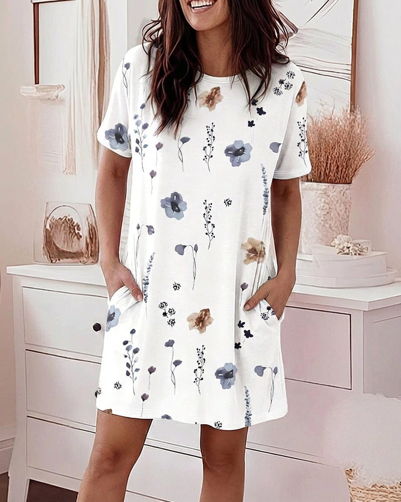CHICME Nightgowns for Women Short Sleeve Sleep Shirts Casual Loose Printed Sleep Dress Soft Sleepwear with Pockets