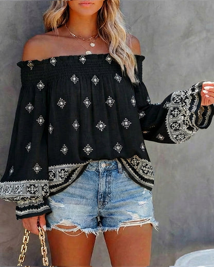 CHICME Women’s Boho Off The Shoulder Linen Blouse Long Lantern Sleeve Shirred Smocked Neck Frill Hem Vacation Clothes