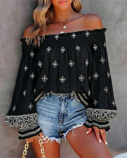 CHICME Women’s Boho Off The Shoulder Linen Blouse Long Lantern Sleeve Shirred Smocked Neck Frill Hem Vacation Clothes