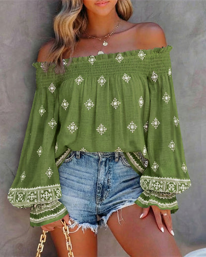 CHICME Women’s Boho Off The Shoulder Linen Blouse Long Lantern Sleeve Shirred Smocked Neck Frill Hem Vacation Clothes