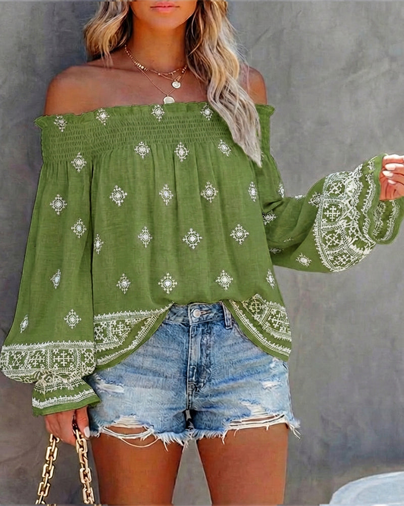 CHICME Women’s Boho Off The Shoulder Linen Blouse Long Lantern Sleeve Shirred Smocked Neck Frill Hem Vacation Clothes
