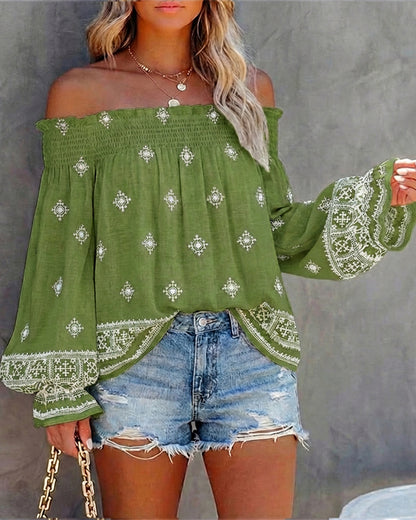 CHICME Women’s Boho Off The Shoulder Linen Blouse Long Lantern Sleeve Shirred Smocked Neck Frill Hem Vacation Clothes