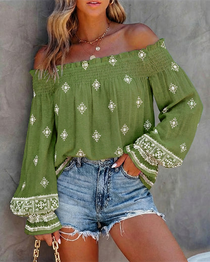 CHICME Women’s Boho Off The Shoulder Linen Blouse Long Lantern Sleeve Shirred Smocked Neck Frill Hem Vacation Clothes