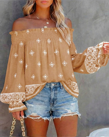 CHICME Women’s Boho Off The Shoulder Linen Blouse Long Lantern Sleeve Shirred Smocked Neck Frill Hem Vacation Clothes