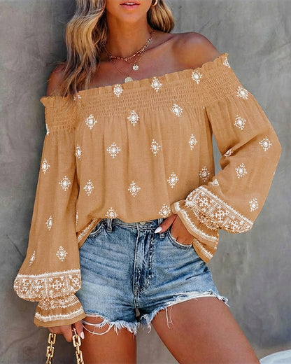 CHICME Women’s Boho Off The Shoulder Linen Blouse Long Lantern Sleeve Shirred Smocked Neck Frill Hem Vacation Clothes