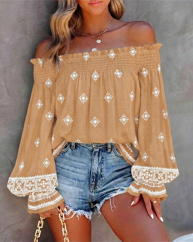 CHICME Women’s Boho Off The Shoulder Linen Blouse Long Lantern Sleeve Shirred Smocked Neck Frill Hem Vacation Clothes
