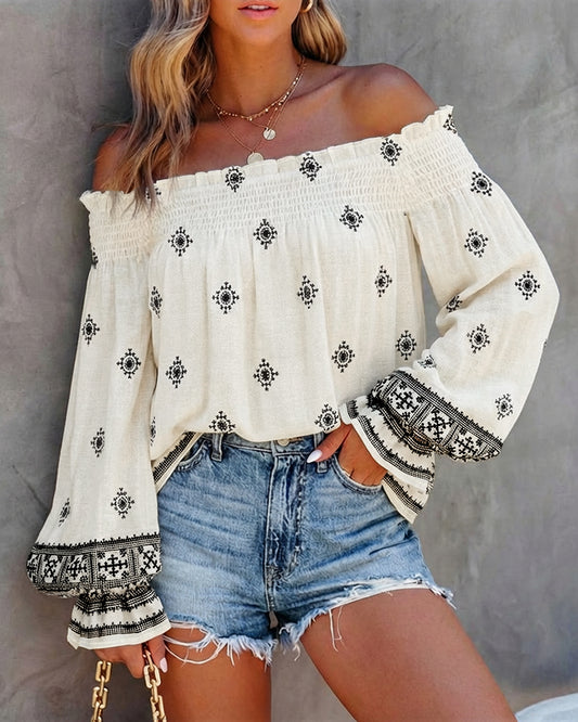 CHICME Women’s Boho Off The Shoulder Linen Blouse Long Lantern Sleeve Shirred Smocked Neck Frill Hem Vacation Clothes