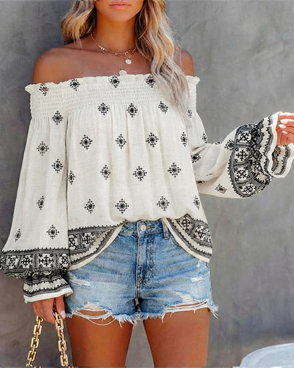 CHICME Women’s Boho Off The Shoulder Linen Blouse Long Lantern Sleeve Shirred Smocked Neck Frill Hem Vacation Clothes