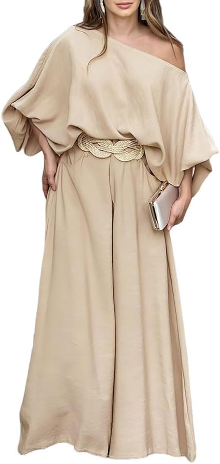Alenay92 Women Summer 2 Piece Outfits Off Shoulder Lantern Sleeve Top Flowy Wide Leg Pants Set
