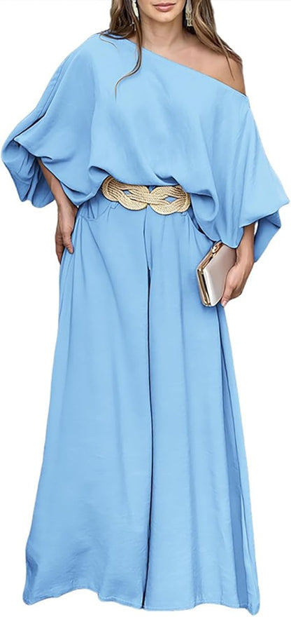 VERONICAFREUND Women Summer 2 Piece Outfits Off Shoulder Lantern Sleeve Top Flowy Wide Leg Pants Set
