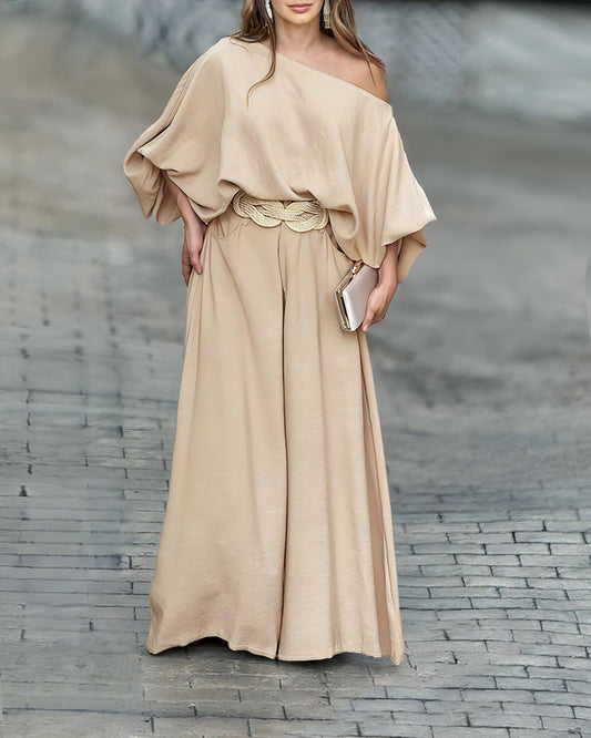 Alenay92 Women Summer 2 Piece Outfits Off Shoulder Lantern Sleeve Top Flowy Wide Leg Pants Set