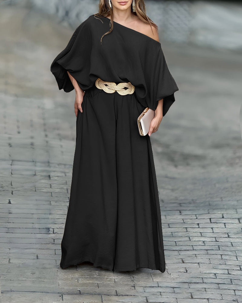 Alenay92 Women Summer 2 Piece Outfits Off Shoulder Lantern Sleeve Top Flowy Wide Leg Pants Set
