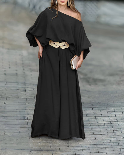 Alenay92 Women Summer 2 Piece Outfits Off Shoulder Lantern Sleeve Top Flowy Wide Leg Pants Set
