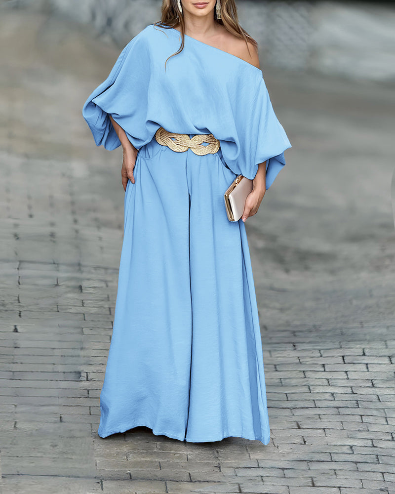 Alenay92 Women Summer 2 Piece Outfits Off Shoulder Lantern Sleeve Top Flowy Wide Leg Pants Set