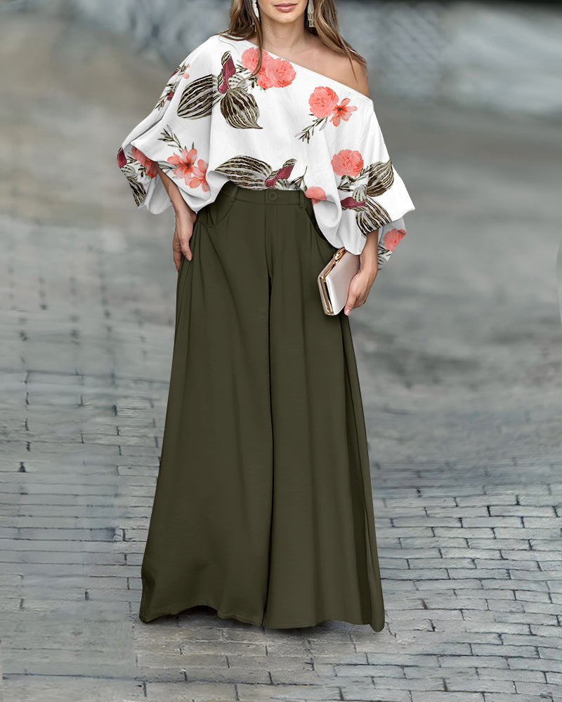 CHICME CHICME Women Summer 2 Piece Outfits Off Shoulder Top Flowy Wide Leg Pants Set