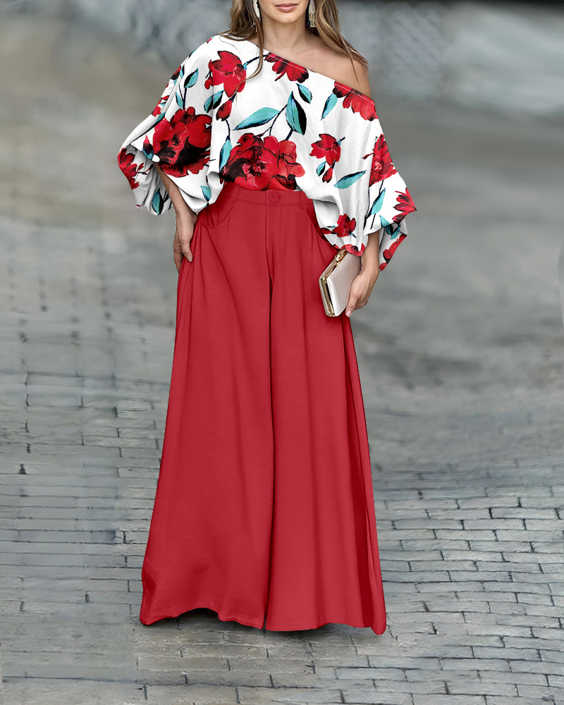 CHICME Women Summer 2 Piece Outfits Off Shoulder Top Flowy Wide Leg Pants Set
