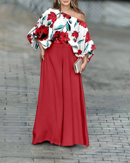 CHICME Women Summer 2 Piece Outfits Off Shoulder Top Flowy Wide Leg Pants Set