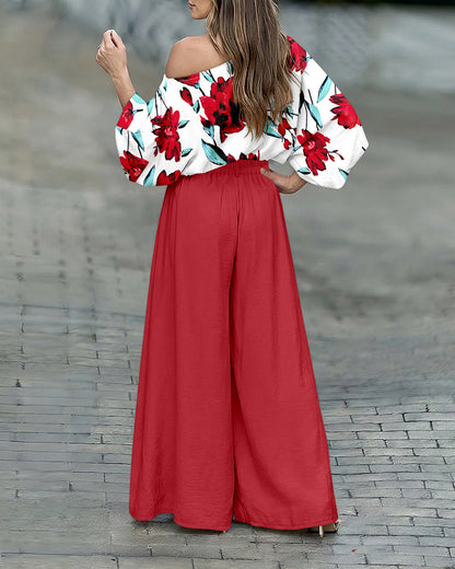 CHICME Women Summer 2 Piece Outfits Off Shoulder Top Flowy Wide Leg Pants Set