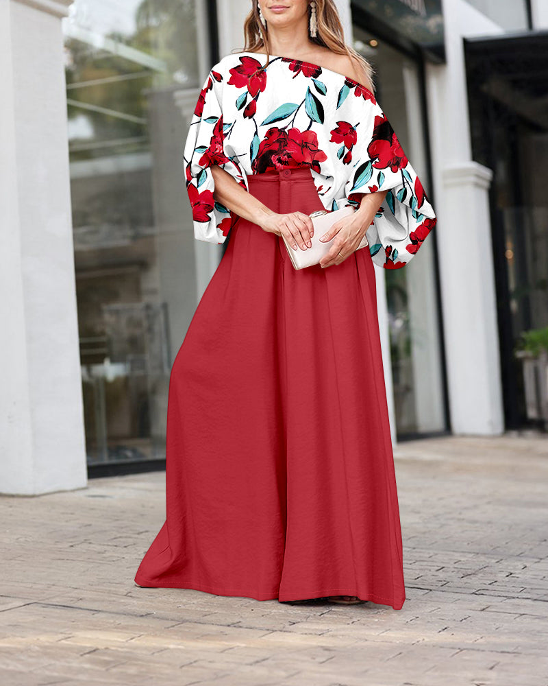 CHICME Women Summer 2 Piece Outfits Off Shoulder Top Flowy Wide Leg Pants Set