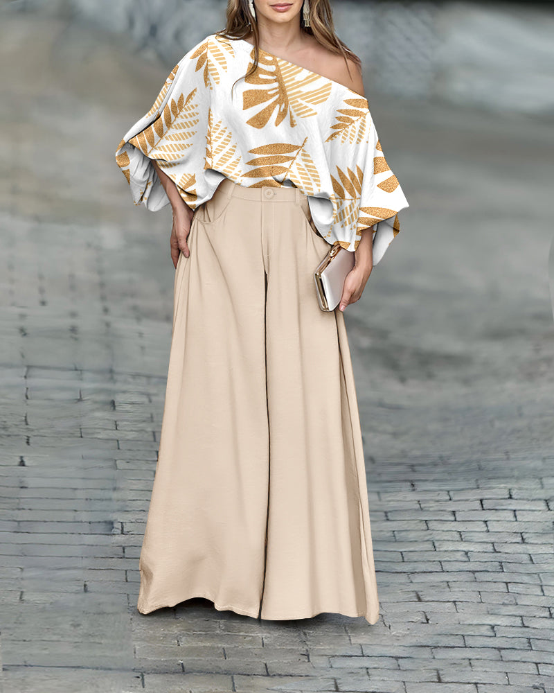 CHICME Women Summer 2 Piece Outfits Off Shoulder Top Flowy Wide Leg Pants Set