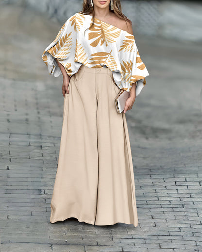 CHICME Women Summer 2 Piece Outfits Off Shoulder Top Flowy Wide Leg Pants Set