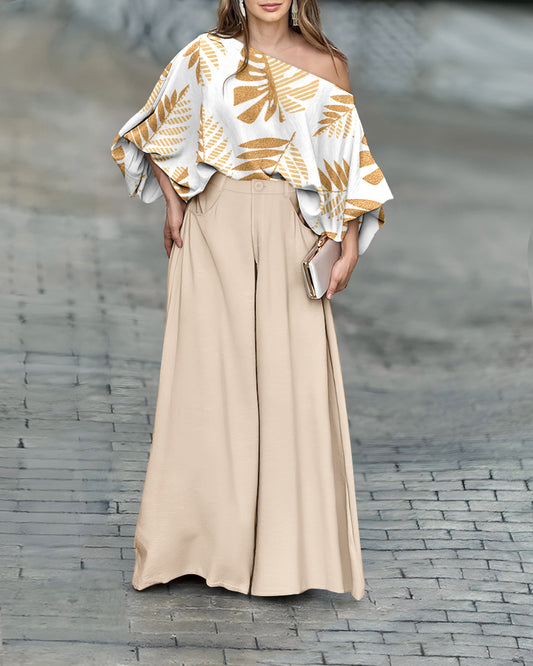 CHICME Women Summer 2 Piece Outfits Off Shoulder Top Flowy Wide Leg Pants Set