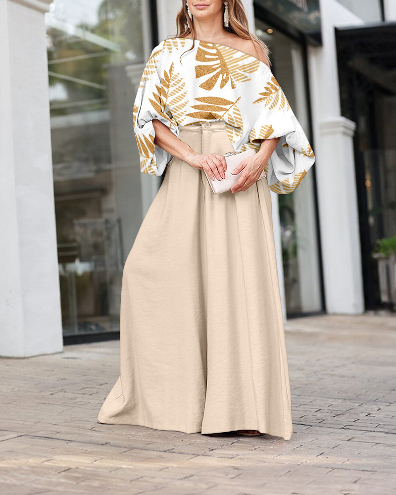 CHICME Women Summer 2 Piece Outfits Off Shoulder Top Flowy Wide Leg Pants Set