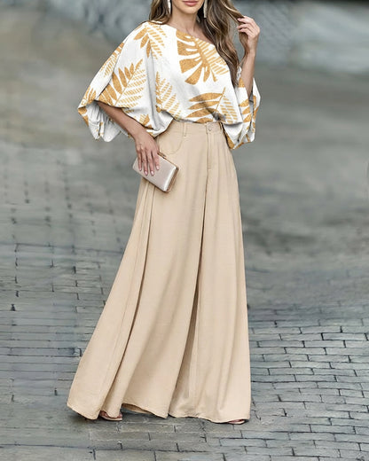 CHICME Women Summer 2 Piece Outfits Off Shoulder Top Flowy Wide Leg Pants Set