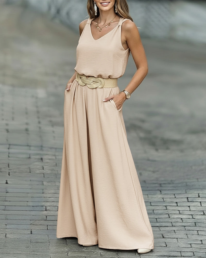 CHICME 2 Piece Outfits for Women Summer Sleeveless Twist Tank Top and Wide Leg Pant Sets Casual Travel Airport Outfits Flowy